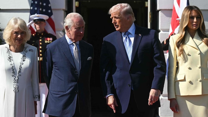 Königin Camilla, König Charles III., US-Präsident Donald Trump und seine Ehefrau Melania Trump