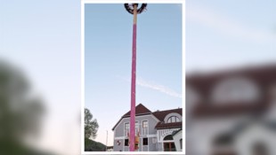 Viele Radfahrer halten nun vor dem rosafarbenen Maibaum.