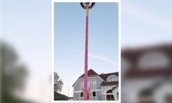 Viele Radfahrer halten nun vor dem rosafarbenen Maibaum.