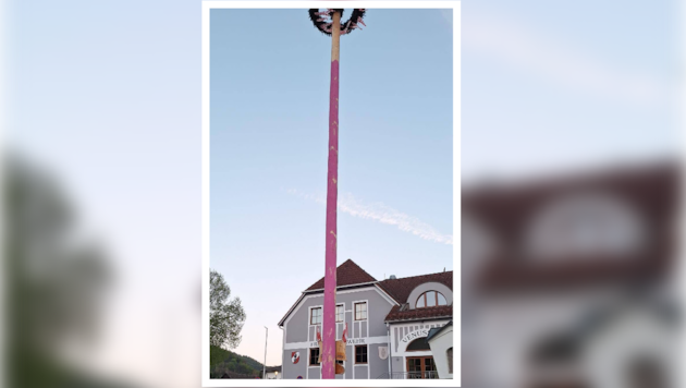 Viele Radfahrer halten nun vor dem rosafarbenen Maibaum.