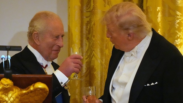 Der britische König Charles und US-Präsident Donald Trump prosteten sich am Dienstag beim Dinner ...