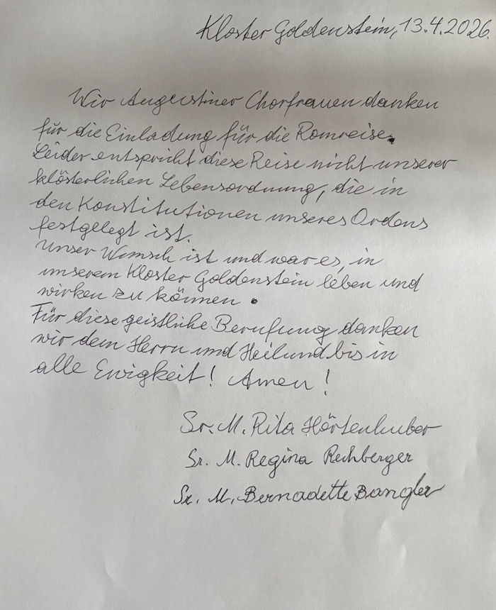 Mit diesem Brief sagten die Nonnen eigentlich bereits am 13. April gegenüber dem Vatikan ihre ...