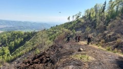 Im steilen Gelände oberhalb des Stifts muss die Bergrettung die Feuerwehrleute absichern. Zurück ...