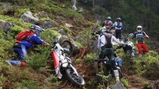 Die 330 Enduro-Athleten quälen sich im Metnitztal durch den Wald den Berg hinauf