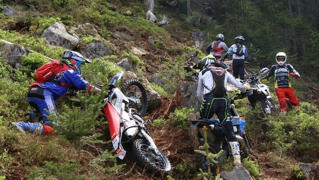 Die 330 Enduro-Athleten quälen sich im Metnitztal durch den Wald den Berg hinauf