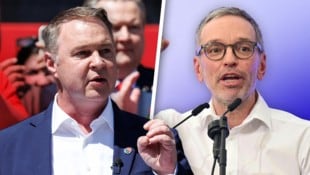 FPÖ-Chef Herbert Kickl (rechts) hat Vizekanzler Andreas Babler bei einer Mai-Veranstaltung ...
