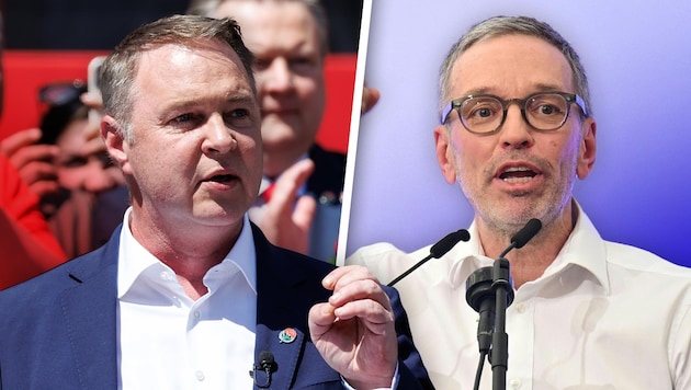 FPÖ-Chef Herbert Kickl (rechts) hat Vizekanzler Andreas Babler bei einer Mai-Veranstaltung als ...
