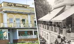 Das Cafè Thermalbad heute (links) und im Jahr 1930. Schon damals war es ein beliebter Treffpunkt ...
