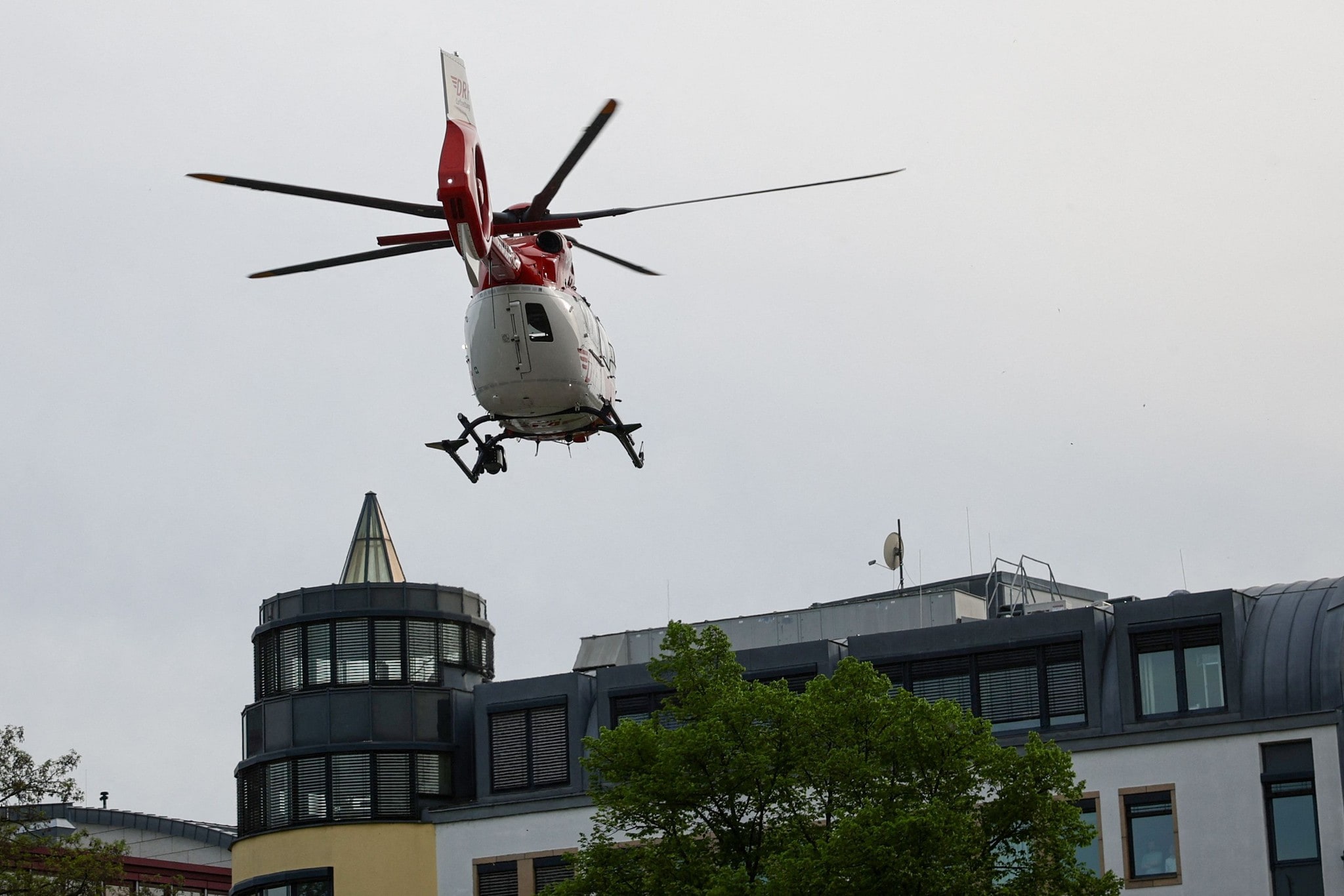 An emergency medical helicopter from DRF Air Rescue in action