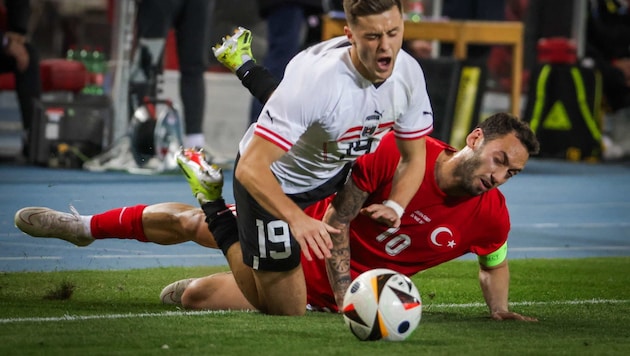Calhanoglu und Co. brachten 2024 das ÖFB-Team (im Bild Baumgartner) zu Fall.