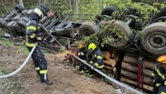 Der Holztransporter war über eine Böschung in den Wald gestürzt.