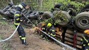 Der Holztransporter war über eine Böschung in den Wald gestürzt.