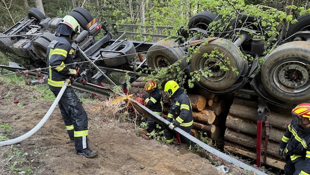 Der Holztransporter war über eine Böschung in den Wald gestürzt.