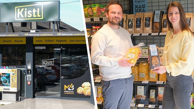 Andreas Strasser und Hanna Nopp (re.) betreiben in Lacken das „Kistl“. 450 Artikel findet man in ...
