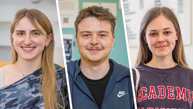 Zufriedene Gesichter am ersten Tag der Reifeprüfung: Hann Brcic (17), Tim Malek (18) und Hannah ...