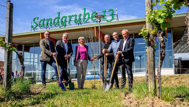 Winzerobmann Holzer (re.) mit Bürgermeister Peter Molnar(3. v. re.), Ökopionieren von Billa und ...