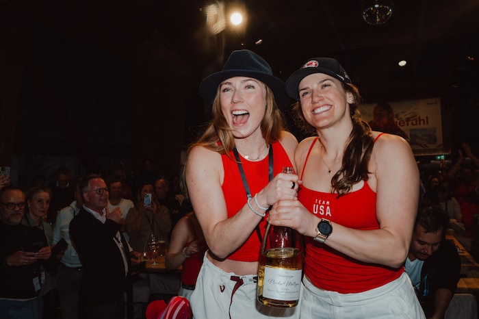 Paula Moltzan with Mikaela Shiffrin after winning Olympic bronze in the team combined