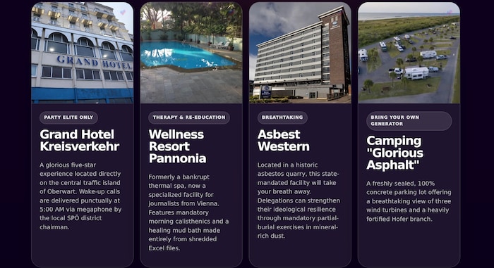 Gäste können laut der Website etwa im „Grand Hotel Kreisverkehr“ nächtigen.