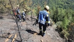 Im steilen Gelände suchen die Einsatzkräfte nach Glutnestern. 