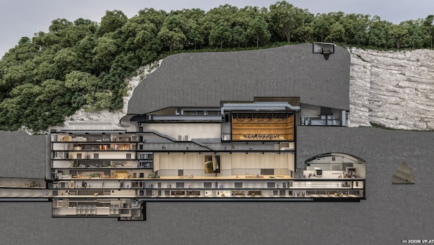 Ein Längsschnitt der neuen Werkstätten, wie sie im Berg gebaut werden sollen.