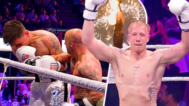 Firefighter Fabian Tödtling (right) and his crew put on a spectacular fight.