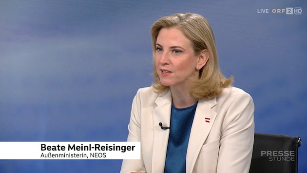 Außenministerin Beate Meinl-Reisinger stand in der ORF-„Pressestunde“ Rede und Antwort.