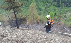 Die Feuerwehr suchte zuletzt vor allem Glutnester im unwegsamen Gelände.