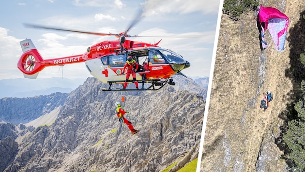 Mittels Crashbergung und per Seilwinde holte die Crew des RK-2 die abgestürzten Paragleiter aus ...