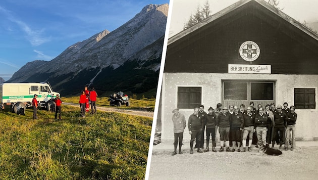 Die Leutascher Bergretter vor dem alten Gerätehaus im Jahr 1978 und bei einem Einsatz in der ...