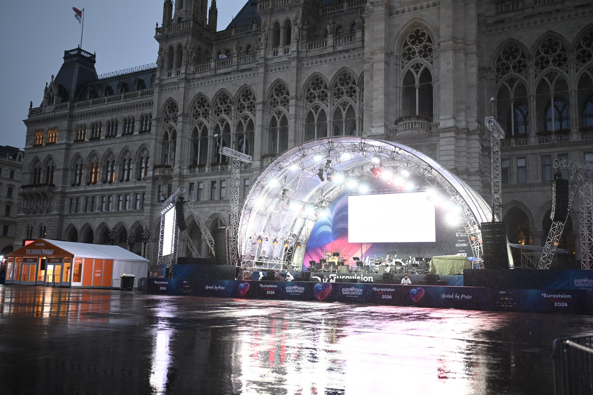 On Monday evening, footage from the Eurovision Village looks more like a ghost town.
