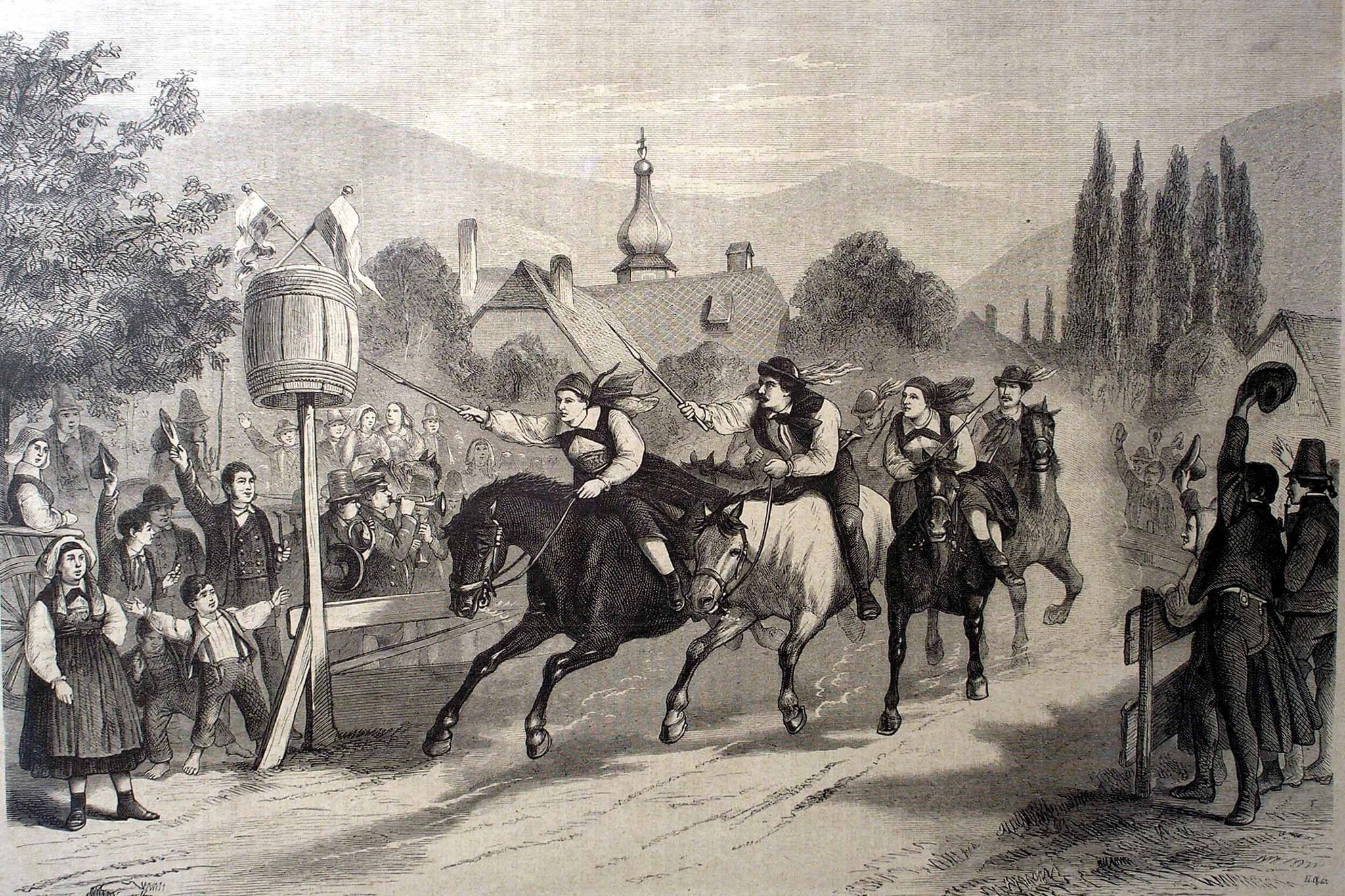 Der Holzstich von 1880 zeigt Reiterinnen beim Kufenstechen – Freiheit der Kunst? Oder irgendwann ...