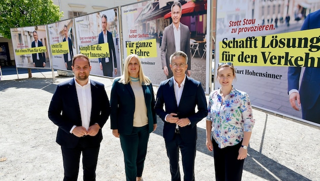 Die ÖVP präsentierte die ersten fünf Plakate: Geschäftsführer Markus Huber, Stadträtin Claudia ...