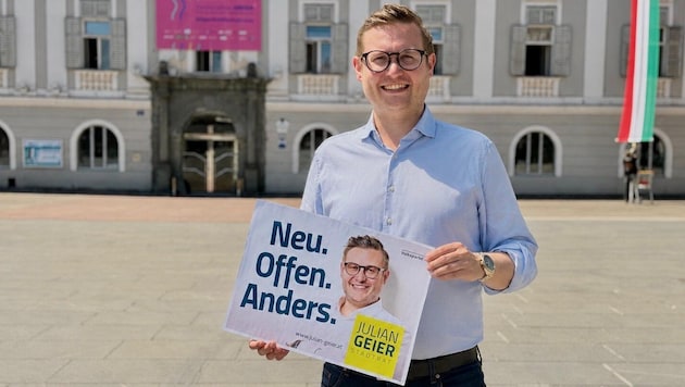 Julian Geier und die VP-Stadtpartei setzen künftig auf die Farben Dunkelblau und Limettengrün.