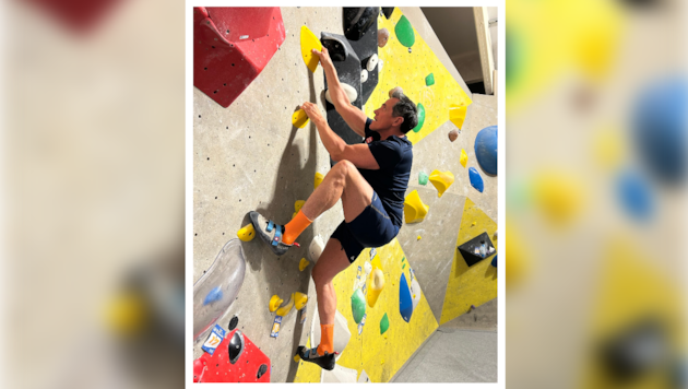 Fitness-Profi Philipp Jelinek beim Bouldern in der Kletterhalle im Happyland Klosterneuburg.