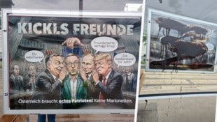 Das diskussionswürdige Plakat vor und nachdem es beschmiert worden ist