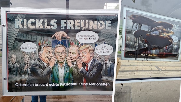 Das diskussionswürdige Plakat vor und nachdem es beschmiert worden ist