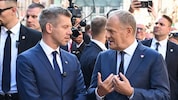 Von links: Ungarns Ministerpräsident Peter Magyar, Polens Regierungschef Donald Tusk