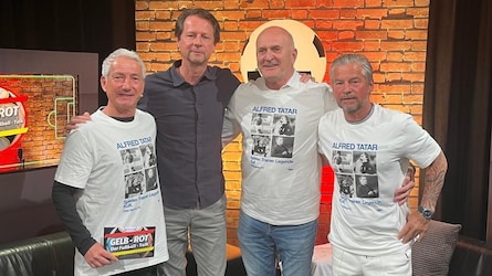 Moderator Hannes Steiner mit ÖFB-Sportdirektor Peter Schöttel und den Experten Kurt Garger und ...