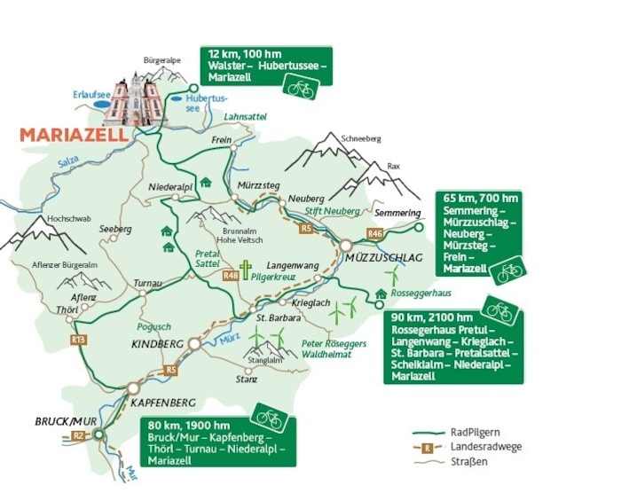Die Routen des neuen Radpilgernetzes auf einen Blick: von 12 bis 90 Kilometer durch die ...