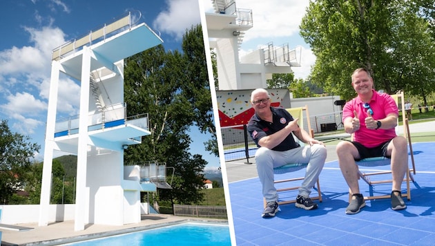 Damals und heute. Wo im Vorjahr noch ein Sportbecken war, ist nun eine Sportanlage mit Picklle- ...