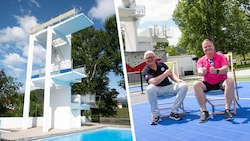 Damals und heute. Wo im Vorjahr noch ein Sportbecken war, ist nun eine Sportanlage mit Pickle- ...