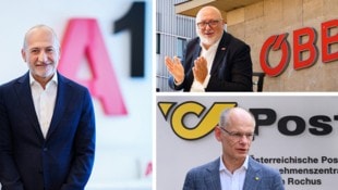 Krone KREATIV/Eva Manhart, Peter Tomschi, APA/Max Herbst, Fotokerschi.at Die CEOs (v.l.n.r.) Alejandro Plater (A1 Group), Andreas Matthä (ÖBB-Holding AG) und Walter ...
