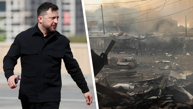 Fassungslos macht sich der ukrainische Staatschef ein Bild von der Lage in Kiew.