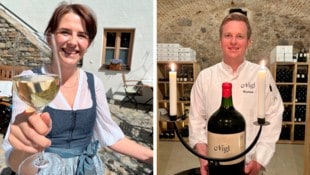 Anna-Lena mit einem Glaserl Hommage! Bertram Nigl hütet aber auch mit anderen Weinen das ...