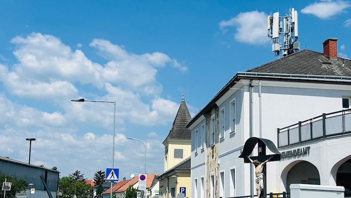Am Gebäude gegenüber wurde ihnen ein Nest aufgestellt, was sie aber nicht annehmen.