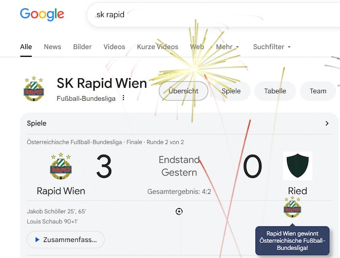 Rechts unten zu sehen: Google gratuliert Rapid zum Meistertitel.