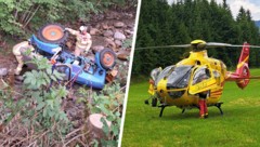 Der Traktor im Bach. Mit dem Notarzthubschrauber wurde der Verletzte ins Spital geflogen.