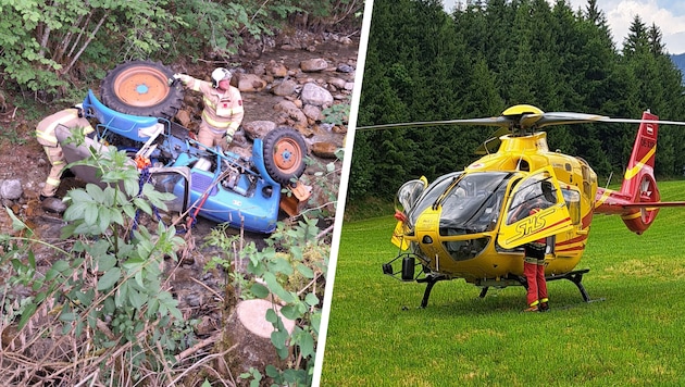 Der Traktor im Bach. Mit dem Notarzthubschrauber wurde der Verletzte ins Spital geflogen.