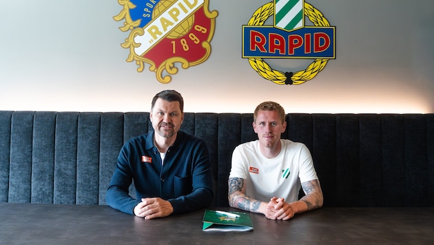 Sportchef Markus Katzer (li.) mit Neo-Rapidler Tonni Adamsen