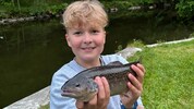 Samuel mit einer Bachforelle aus dem Pesenbach, der jetzt am Tag auch schon über 20 Grad hat.